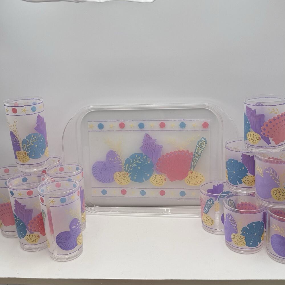 Vtg Precisioncraft Acrylic Tumbler Rocks & Tray Pink Blue Purple Seashells Beach